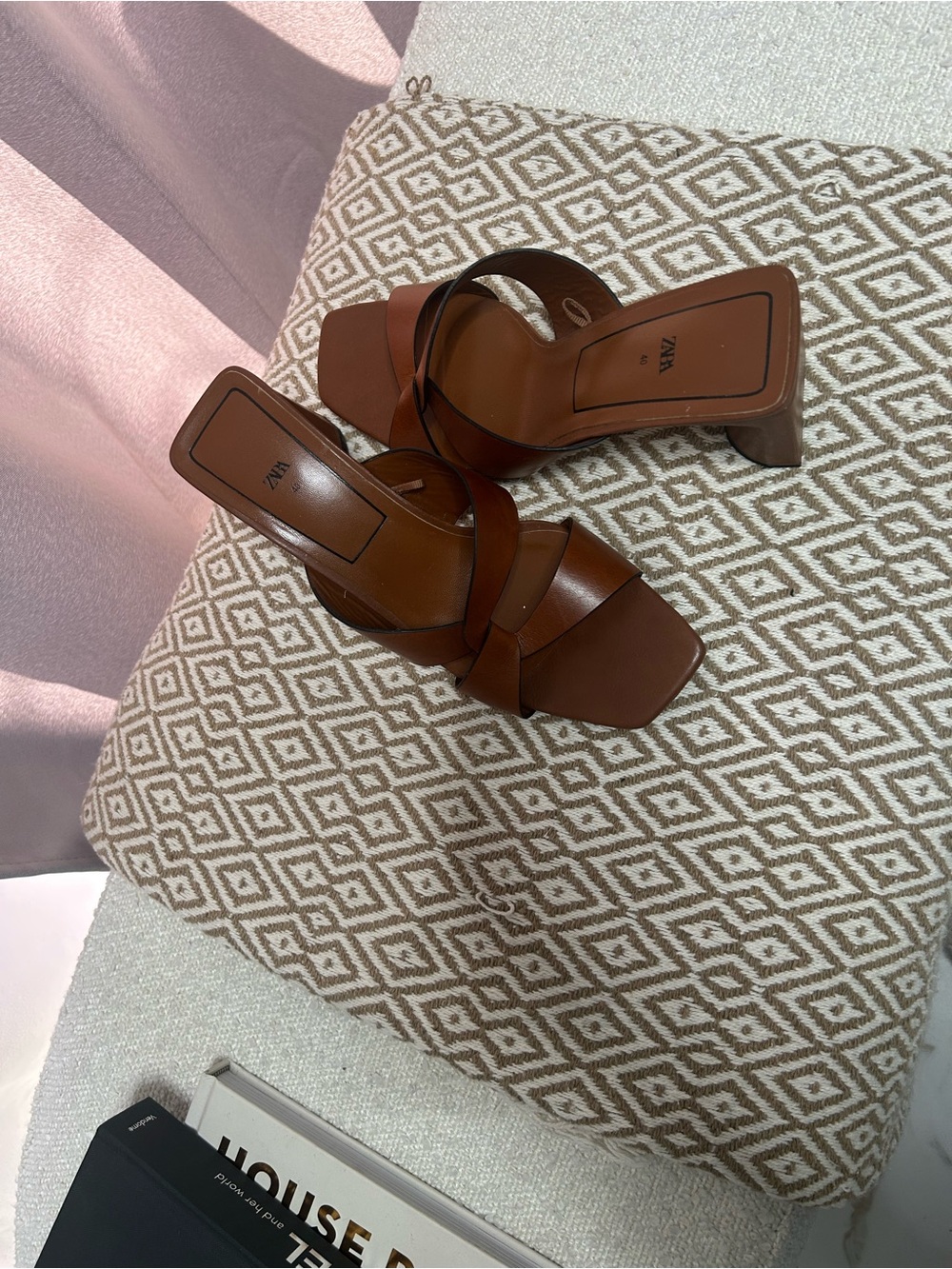 Zara Tan Brown Leather Knotted Strap Block Heel Mules